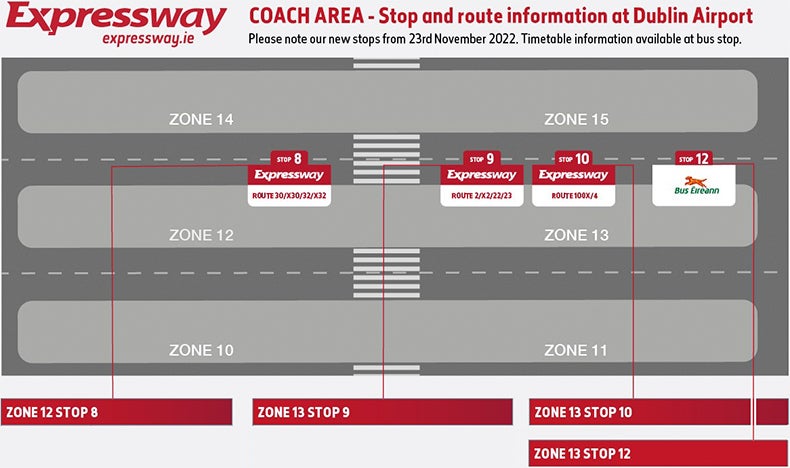 Map outlining the layout of the Expressway bus stops in Zone 12 and Zone 13 in Dublin Airport